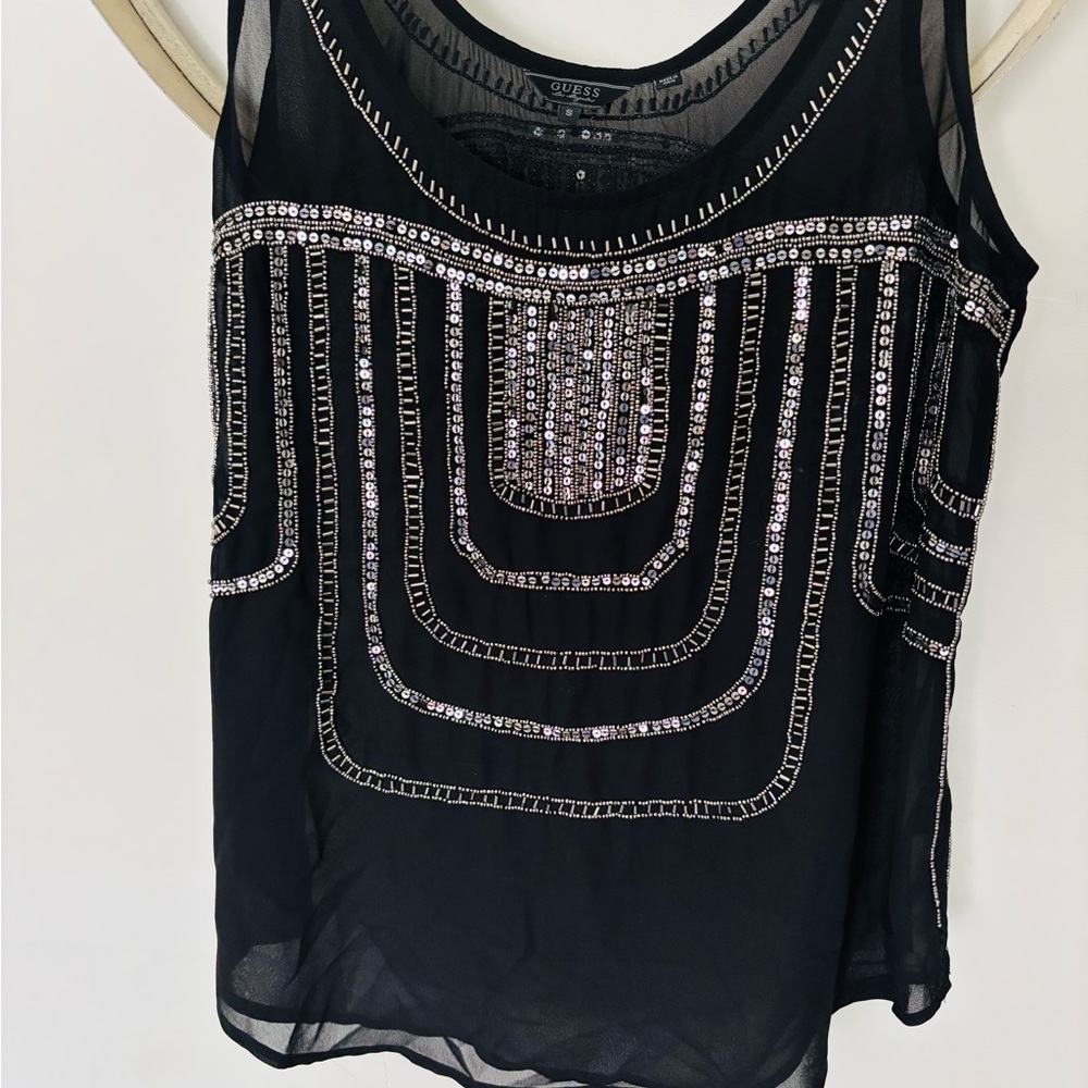 Guess Black Sheer Embellished Tank Top